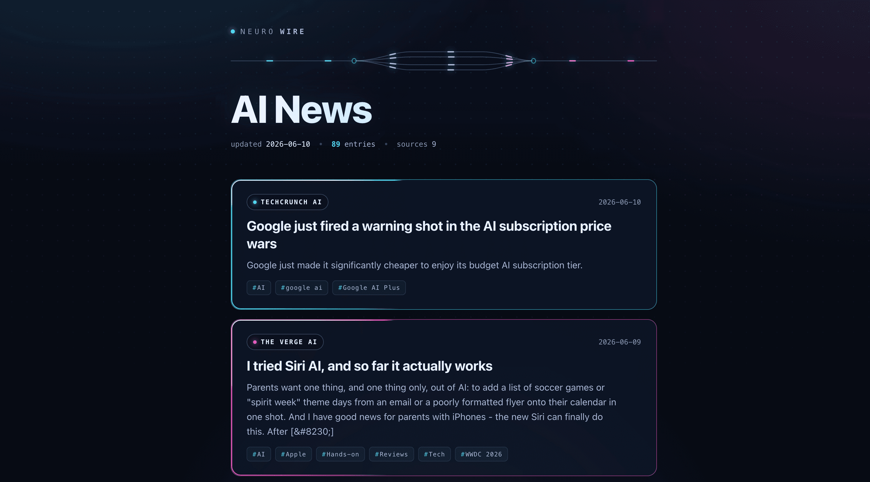 A published Neurowire page showing headlines from several sources in one feed